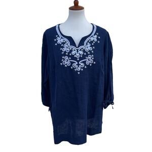 JM Collection NWT Isla Paradiso Women's Navy Blue 100% Linen Blouse Size 16W